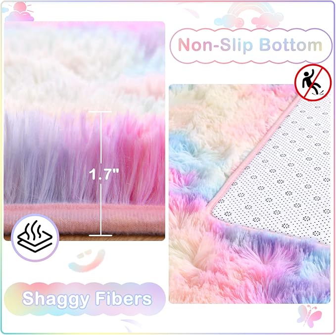 Ompaa Rainbow 9x12 Feet Area Rugs, Large Rainbow Rug for Girls Bedroom, Pastel Unicorn Kawaii Tie Dye Carpet for Teens Dorm Classroom Aesthetic, Shaggy Nursery Rug for Baby Princess Room
