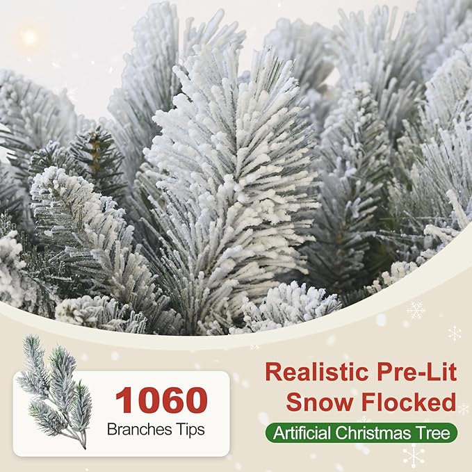7 Ft Unlit Snow Flocked Christmas Tree, Artificial Xmas Tree with 1060 PVC/PE Realistic Branch Tips, Metal Stand Decor for Holiday, Party, Home Easy to Assemble