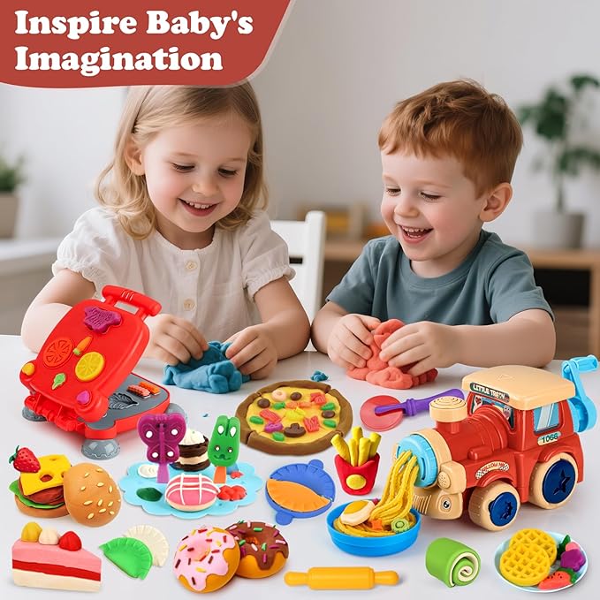85 PCS 3 in 1 Dough Sets for Kids Ages 3-4-8, Art Crafts Dough Tools Kit, Train Engine Noodle Playset with Light & Sound, Hamburger Machine, Dessert Rack, Kitchen Creations Food Play Toys Boys Girls