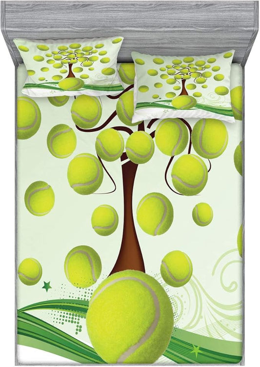 Ambesonne Tennis Fitted Sheet & Pillow Sham Set, Sport Balls Pattern with Swirls Pattern Abstract Composition in Green, Decorative Printed 3 Piece Bedding Decor Set, King, Pale Green Brown White