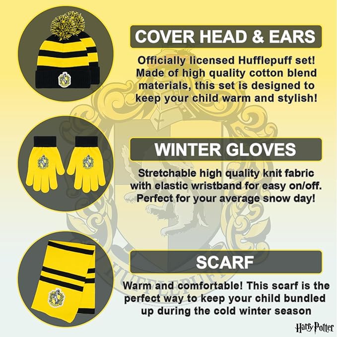 Harry Potter Winter Hat and Gloves with Set, Gryffindor, Slytherin, Hufflepuff, Ravenclaw, Winter Set 5-13 Year Olds