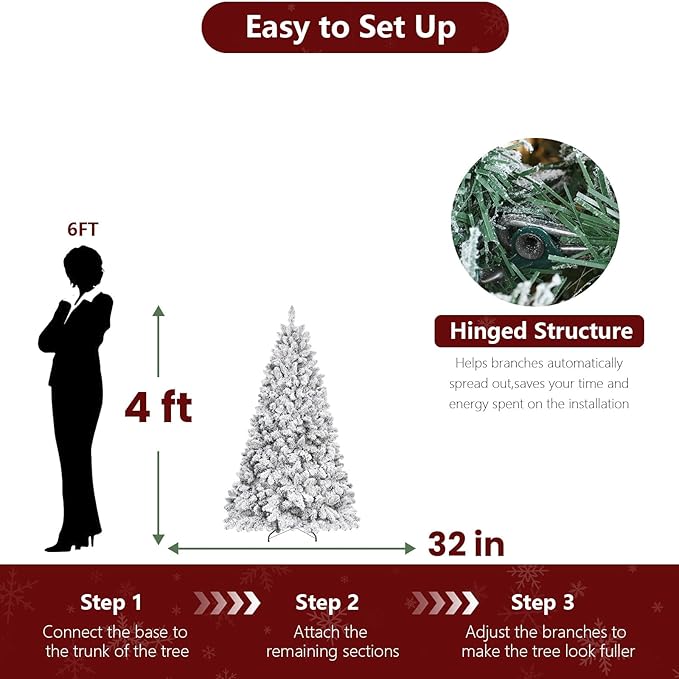 4ft Unlit Snow Flocked Christmas Tree, Artificial Christmas Tree with Pine Cones,366 Branch Tips, Premium Spruce Full Xmas Tree for Easy Holiday Setup, Foldable Metal Base