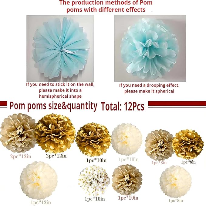 12-Piece Set of Gold and White Hanging Tissue Paper Pom Poms for Engagement, Wedding, Birthday, Bachelorette, and Bridal Shower Decorations