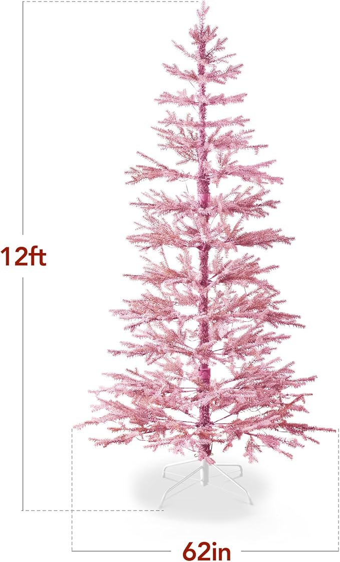 Best Choice Products Pre-Lit Sparse Christmas Tree 12ft Artificial Flocked Pine Holiday Décor Aspen Noble Fir White & Multicolor LED Lights- Pink
