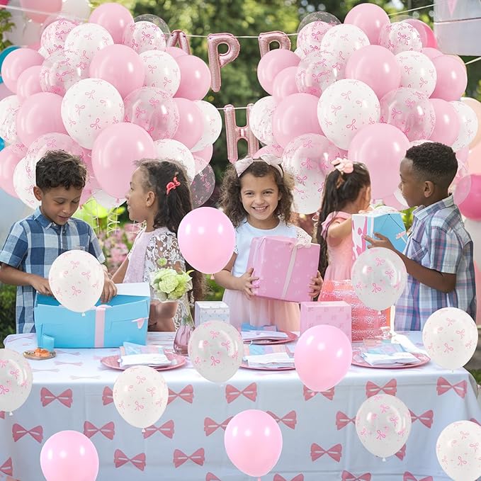 Pink Bow Balloons, 12 Inch Pastel Light Pink Transparent White Bow Print Coquette Balloon for Girls Women Birthday Bachelorette Party Bridal Baby Shower Wedding Anniversary Decorations Supplies