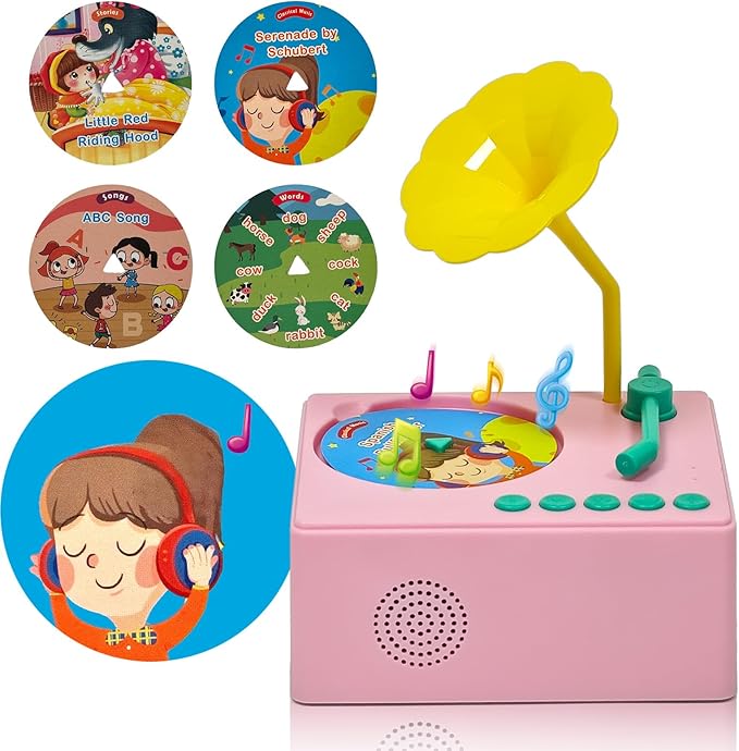 Kids Gramophone with 96 Learning Cards, Toddler Gramophone Music Toy, Kid Phonograph Toddler Record Player, Kid Gramophones, Children's Phonograph Story Music Player Gift Boys Girls (Pink)