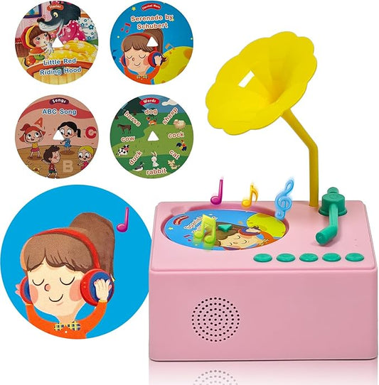 Kids Gramophone with 96 Learning Cards, Toddler Gramophone Music Toy, Kid Phonograph Toddler Record Player, Kid Gramophones, Children's Phonograph Story Music Player Gift Boys Girls (Pink)