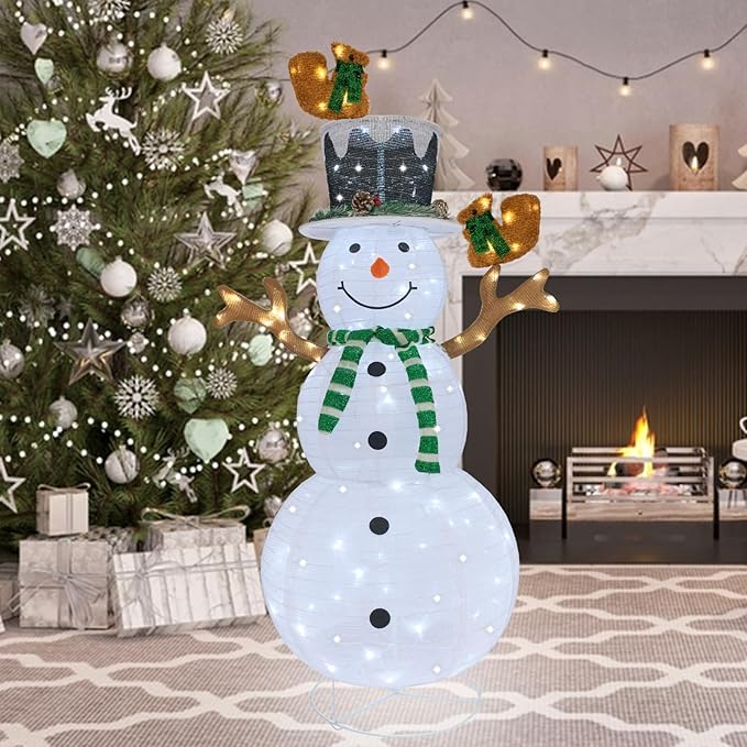 Outdoor Snowman Lighted, Pop-Up Lighted Snowman Outdoor Christmas Decorations Prelit 120 LED Lights Plug-in, Collapsible Light Up Snowmen with Squirrels Pine Cone Home Balcony Porch Yard Decor-Green