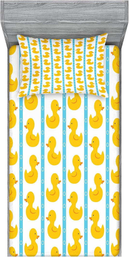 Ambesonne Rubber Duck Fitted Sheet & Pillow Sham Set, Duckies on Stripes and Small Circles Play Toys Pattern Print, Decorative Printed 2 Piece Bedding Decor Set, Twin, Blue Yellow