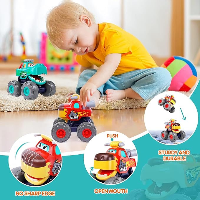 Toy Cars for 1 2 3 Year Old 3 Pack Monster Truck Toys Crocodile Bull Leopard Pull Back Car Big Wheel Animal Toy Trucks for Toddler 1-3 Baby Toys 12 18 Months Boy Girl Toddler Toy for 1 Year Old Gift