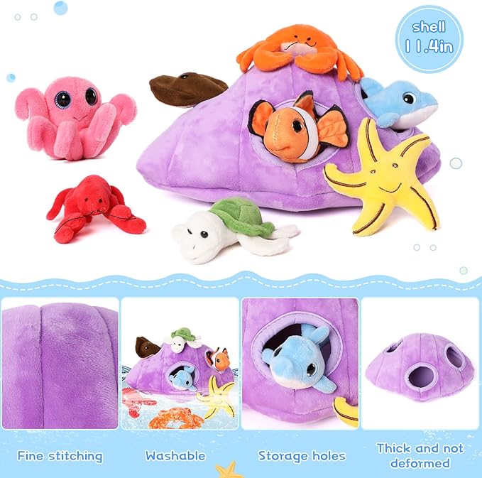 Muiteiur Plush Soft Ocean Animals Set with Plush Sea Shell House Includes Stuffed Turtle, Lobster, Crab, Dolphin, Devil Fish, Octopus, Starfish, Clownfish (Multicolor,8 Piece)