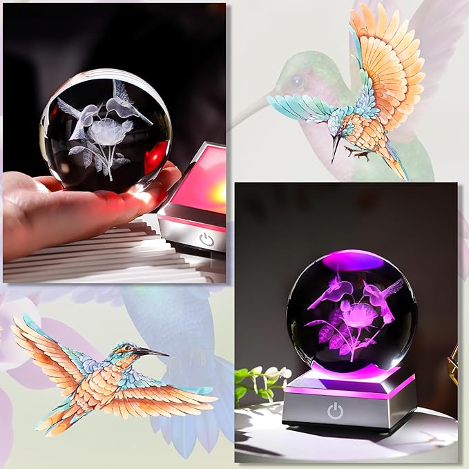 3D Hummingbird Gifts for Women, Mom - Humming Bird and Rose Crystal Ball 3.15in with Multicolor LED Light Base Collectible Figurine Home Decor