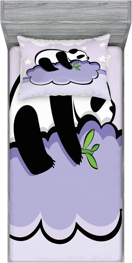 Ambesonne Panda Fitted Sheet & Pillow Sham Set, Panda Bear Sleeping on Cloud in Starry Night Sky Cartoon Illustration Print, Decorative Printed 2 Piece Bedding Decor Set, Twin, Lilac Black