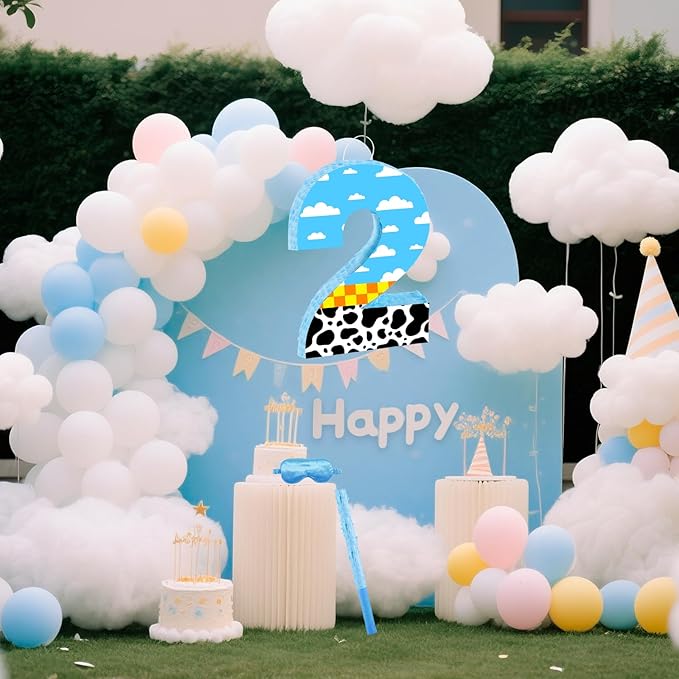 16 Inch Number 2 White Cloud Pinata with 16 Inch Piñata Stick Blindfold Confetti for Boy Girl Kids 2nd Birthday Party Decorations(2nd)
