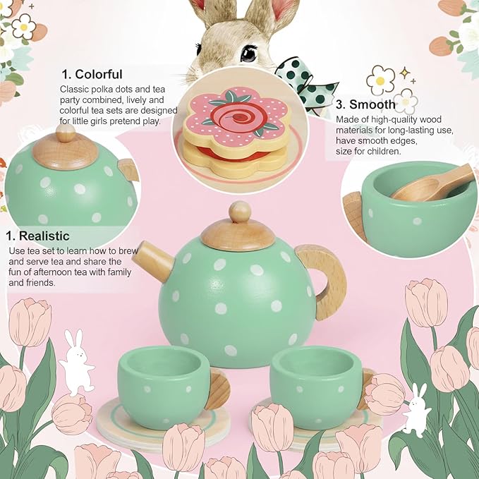 Wooden Tea Party Set for Little Girls, Toddler Pretend Play Food Kitchen Toys, Wooden Tea Set Tray Cake Dessert, Toddler Birthday for Girls Age 2-5 Years Old