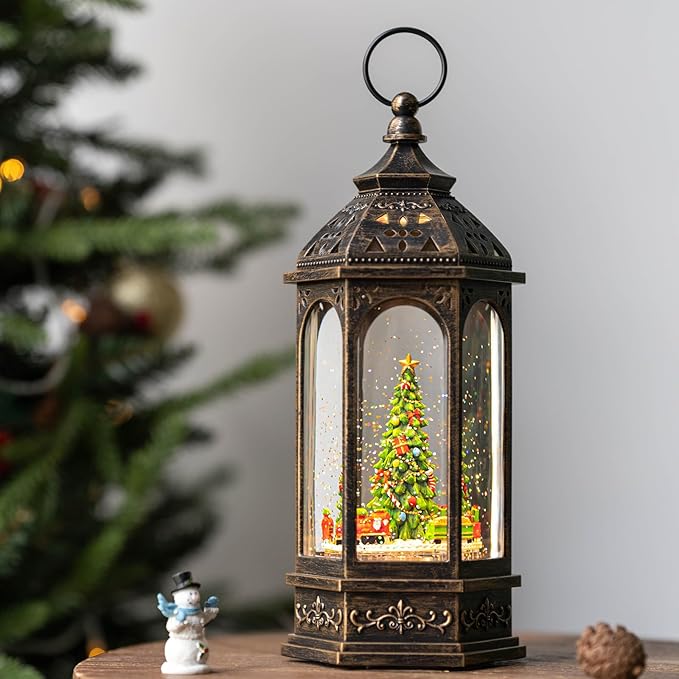 12.8'' Christmas Snow Globe, Santa Train Will Rotate Around The Christmas Tree with Musics Swirling Glitter Water Lantern Decoration for Home, Battery Operated or USB Powered