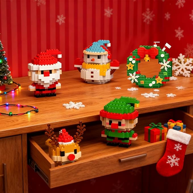 4 Pack Santa Claus Design Building Blocks Set, Christmas Theme Building Blocks Ornaments, Mini Building Figures, DIY Stocking Stuffers, Xmas New Year Birthday Gifts (Set B)
