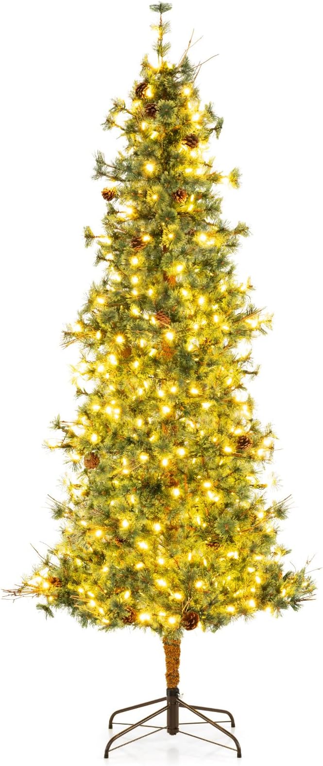GOFLAME 8FT Pre-lit Christmas Tree, Artificial Xmas Tree with 400 Warm White LED Lights, 702 Branch Tips, Withered Branches, Pine Needles & 36 Pine Cones, Holiday Decoration Tree for Home Party