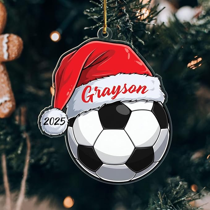 Personalized Soccer Santa Hat Shaped Christmas Ornament 2025, Unique Sport Christmas Tree Ornament Gift for Sport Lovers Player Team Coach, Customized Year& Name Soccer Fans Keepsake Xmas Ornaments