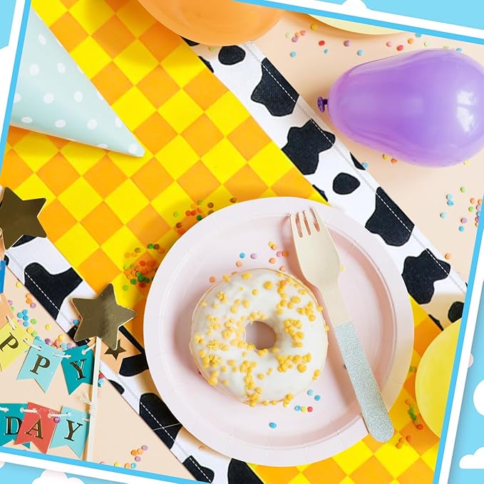 6 Pcs Cartoon Table Runner Cartoon Birthday Party Supplies Cow Pattern Printed Check Table Decor Tablecloth Party Supplies,13 x 72 in (Classic)