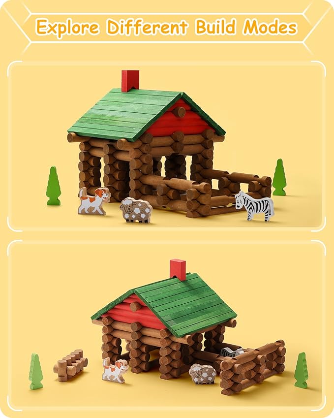 SainSmart Jr. 110 PCS Wooden Log Cabin Set Building House Toy for Toddlers, Classic STEM Construction Kit with Colorful Wood Logs Blocks for 3+ Years Old