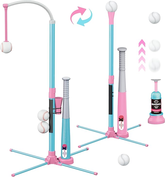 3-in-1 T Ball Set for Kids, Adjustable Height Hanging Baseball Batting Tee Set with 2 Bats, Teeball Hitting Stand, Ball Launcher for Toddlers, Sport Toys Outdoor/Indoor for Boys Girls