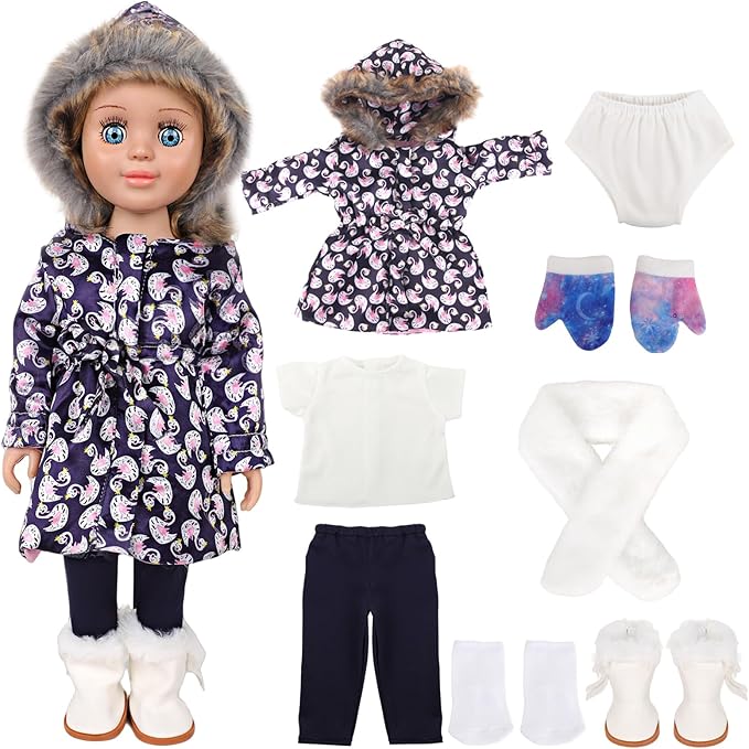 18-inch Doll Down Jacket, Doll Winter Clothing Set, 5 Different Colors and Patterns Available. (Deep Blue-Swan Print)