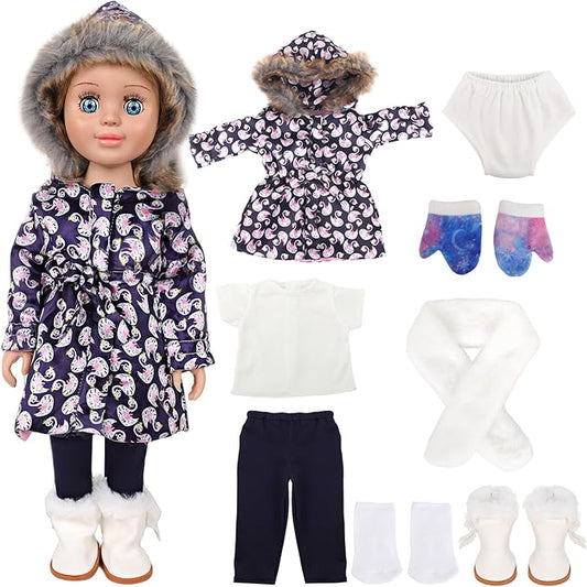 18-inch Doll Down Jacket, Doll Winter Clothing Set, 5 Different Colors and Patterns Available. (Deep Blue-Swan Print)