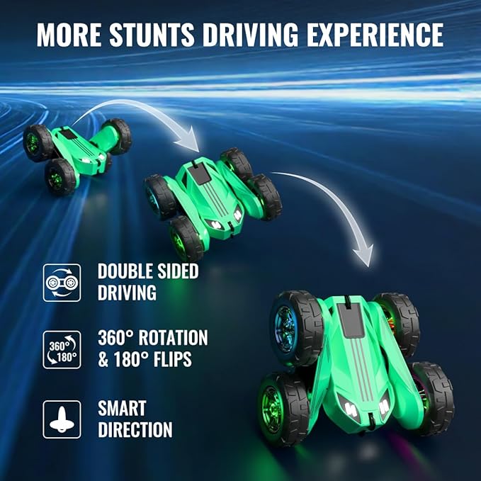 MaxTronic Remote Control Car, Rechargeable RC Cars & Remote Controller - 20km/h Double Sided 360° Rotation Stunt Stunt Crawler with LED Lights for Boys Girls Aged 3-14