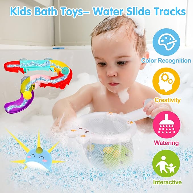 Toddler Bubbles Bath Toys, Light Up Bath Toy for Kids Age 1-3 Baby Bathtub Tub Toy Slide Track Dinosaur Bubble Machine Maker with Music Floating Animal Shower Toys Summer Outdoor Gift Boy Girl Age 2-5
