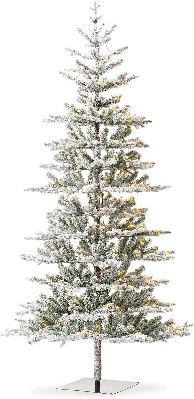 Glitzhome Christmas Tree with Lights, 8ft Deluxe Flocked Artificial Prelit Christmas TRE with 1523 PE&PVC Branch Tips, Majestic Frostfall Fir Hinged Xmas Tree w/450 Warm White Lights, Easy Assembly