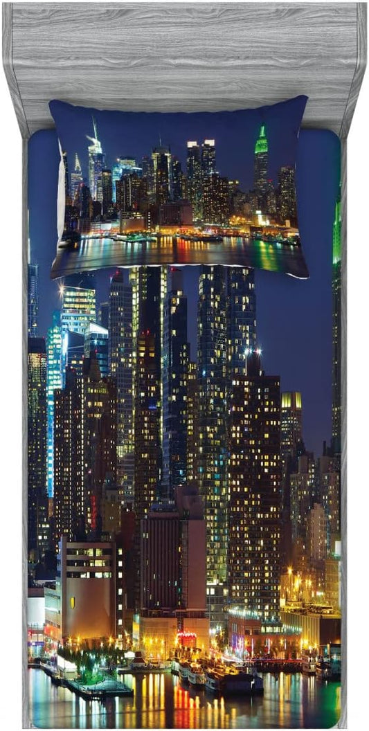 Ambesonne Scenery 2 Pack Fitted Sheet & Pillow Sham Set, NYC Midtown Skyline, 4 Pcs Bedding Decor, Package Contains 2 Twin Size Fitted Sheets & 2 Pillow Covers, Royal Blue