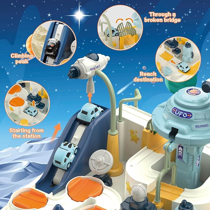 Fistone Kids Race Track Car Adventure Toy for Toddlers, Spaceship Puzzle Rail Track City Rescue Playset with 4 Mini Cars, Preschool Educational Car Games Toys for Boys Age 3+