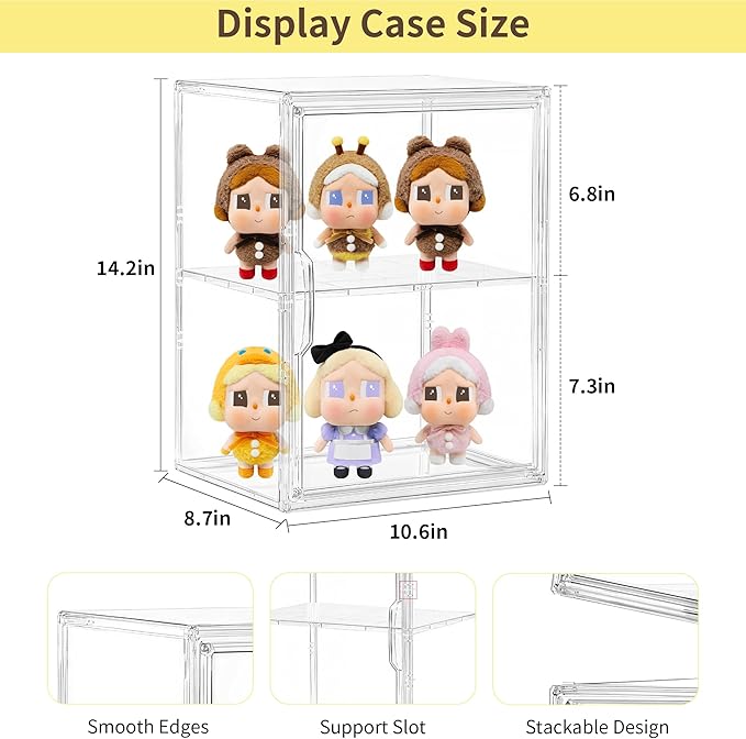 Acrylic Display Case, 2 Tier Clear Plastic Stackable Storage Bins with Magnetic Lids, Figure Display Case for Collectibles Cosmetic Acrylic Box, 2 Pack LXLXXL