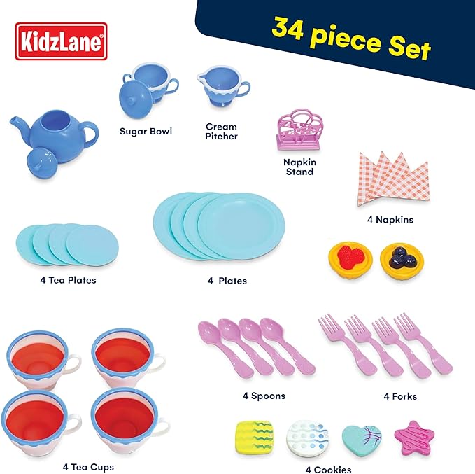 Kidzlane Play Tea Set for Little Girls - Kids Party With Water Activated Color Changing Cups and Cookies - 34 Piece Toy for Girls - Dishwasher Safe Plastic