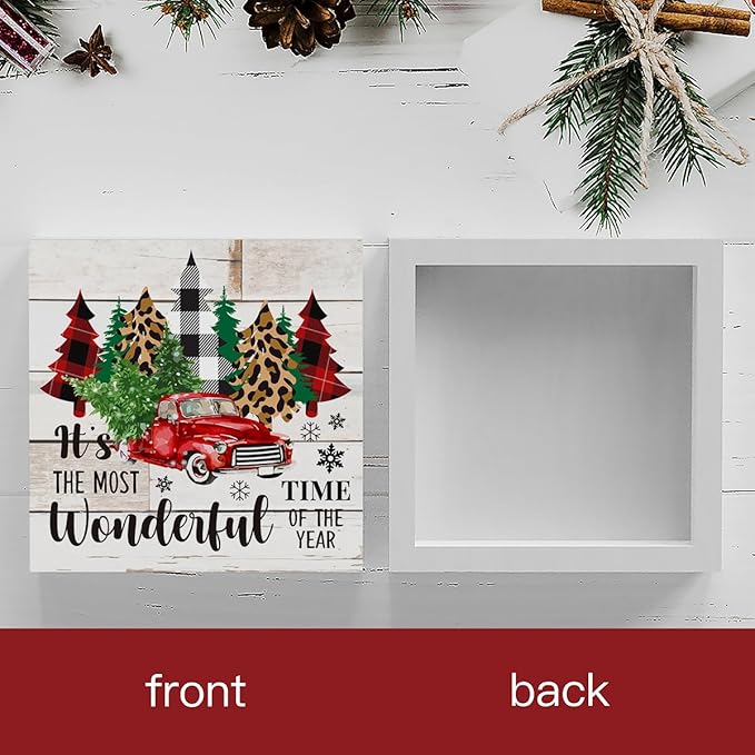 Rustic Winter Merry Christmas Tree Wood Box Sign, It's the Most Wonderful Time of the Year Truck Farmhouse Christmas Santa Artwork Decor, Home Shelf Office Decoration 5 x 5 Inches