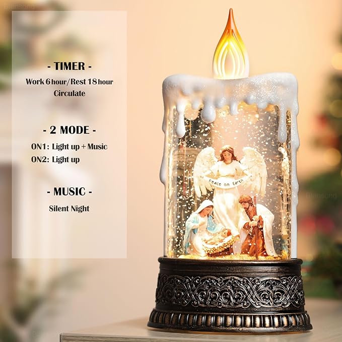 Nativity Snow Globes Candle Home Decor Accent Auto Snowfall Glitter Music Collection Angel Nativity Scene Peace on Earth with 6H Timer USB/Battery Powered 9.7 inch