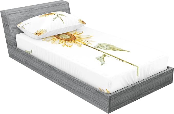 Ambesonne Sunflower Fitted Sheet & Pillow Sham Set, Sunflowers Watercolor Painting Effect and in Minimalistic Design Artwork, Decorative Printed 2 Piece Bedding Decor Set, Twinxl, Yellow Green White