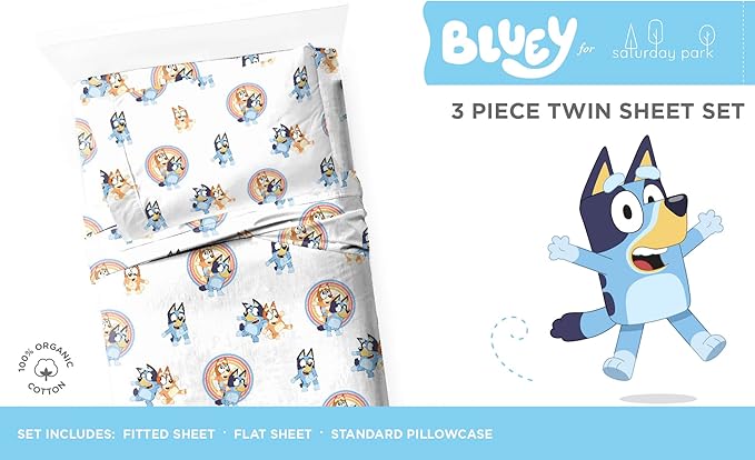 Saturday Park Bluey and Bingo Rainbow Clouds Twin Sheet Set - 3 Piece 100% Organic Cotton Sheets with Pillow Cover- GOTS & Oeko-TEX Certified
