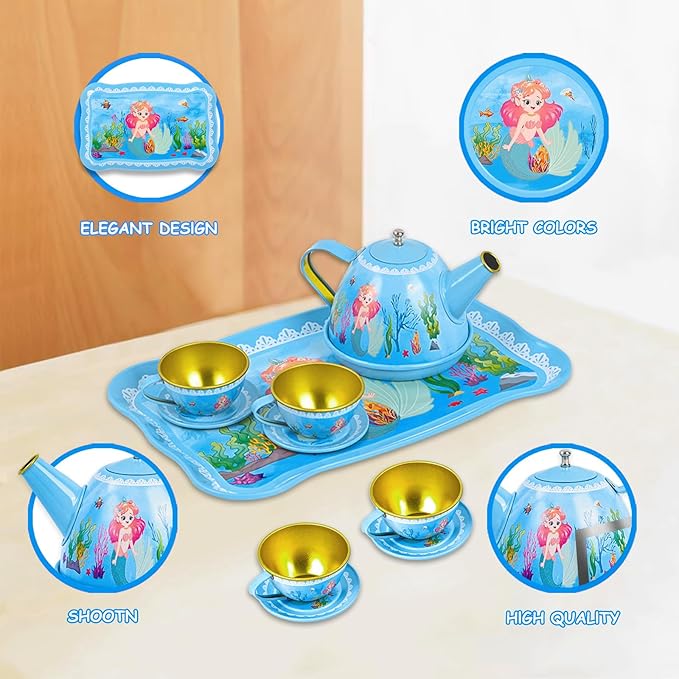 Mermaid Tea Party Set for Little Girls Ages 3-6, 15-Piece Pretend Play Kitchen Toys with Teapot, Cups, Plates & Storage Case, Princess Gift Set (Blue)