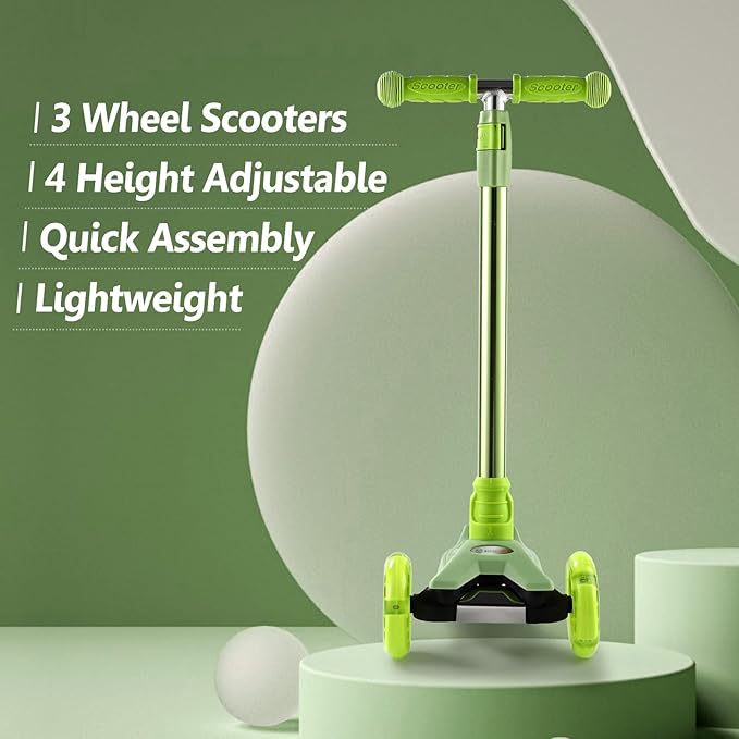 3 Wheel Scooter for Kids Ages 6-12,Kids Scooter with Light Up Wheels, Sturdy Deck Design, and 4 Height Adjustable Suitable for Kids Ages 3-12