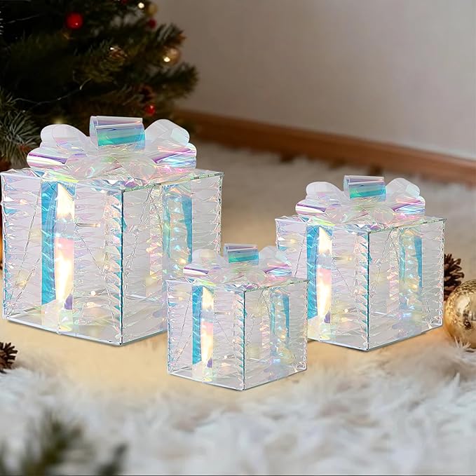 Christmas Light Gift Box Decorations, 3-Piece Set, Pre-Strung Wired Gifts with Bows, Illuminate Christmas Tree Skirt Decorations. Suitable for Indoor and Outdoor Use.（White）