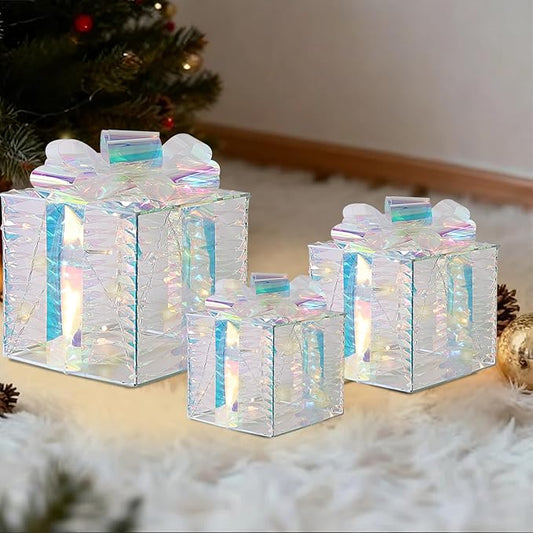 Christmas Light Gift Box Decorations, 3-Piece Set, Pre-Strung Wired Gifts with Bows, Illuminate Christmas Tree Skirt Decorations. Suitable for Indoor and Outdoor Use.（White）