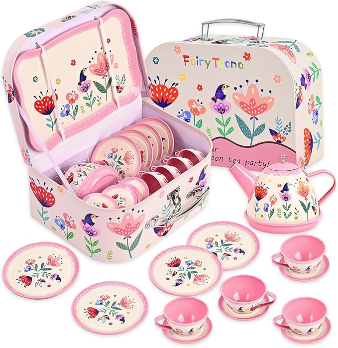 Floral Tea Party Set for Little Girls Ages 3-6, 15-Piece Pretend Play Kitchen Toys with Teapot, Cups, Plates & Storage Case, Princess Gift Set (Pink)