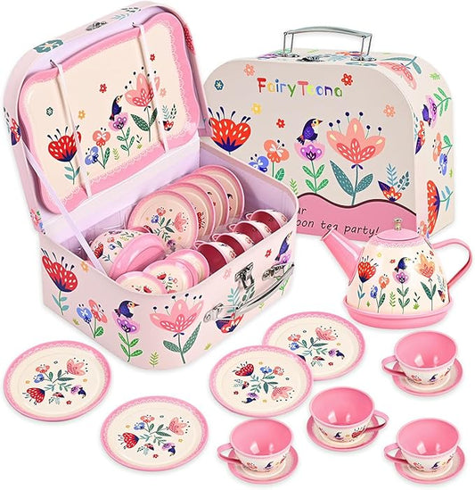 Floral Tea Party Set for Little Girls Ages 3-6, 15-Piece Pretend Play Kitchen Toys with Teapot, Cups, Plates & Storage Case, Princess Gift Set (Pink)
