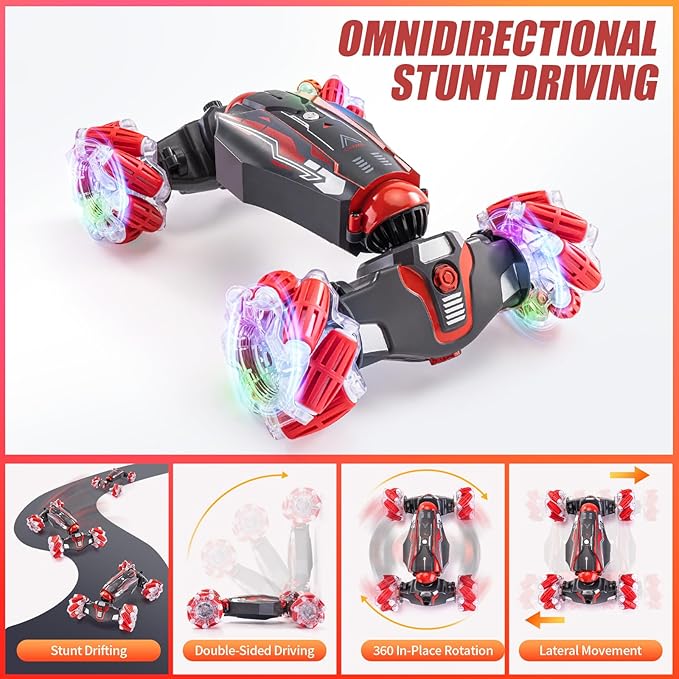 4WD Stunt Car, 2.4 GHz Gesture Sensor RC Cars, Double-Sided Vehicle 360° Flip RC Twist Buggy with Music Spray - Best Christmas and Birthday Present for Boys and Girls Aged 6-12 (Red)