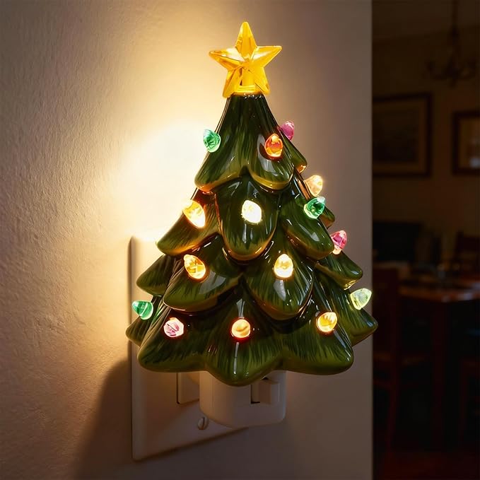 Christmas Decorations, Ceramic Christmas Tree Night Light, 1 Pack Vintage Christmas Decorative Night Light with ON/Off Switch, Holiday Decor Indoor for Bedroom & Hallway