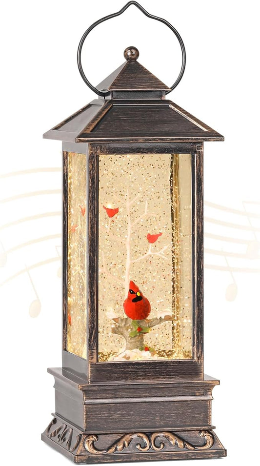 Cardinal Christmas Decorations, 12 Inch Musical Snow Globe Lantern, Lighted Christmas Snow Globes with Swirling Glitter, Cardinal Snow Globe USB and Battery Operated Lantern for Home Decor