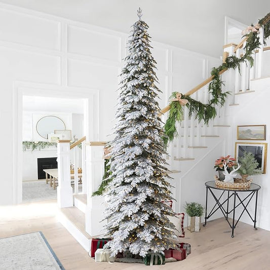 Glitzhome 15ft Pre-Lit Flocked Pencil Artificial Christmas Tree, Large Holiday Xmas Tree Chicago Frostwood Spruce with 1400 Warm White Lights and Sturdy Metal Stand for Home, Office, Party Decoration