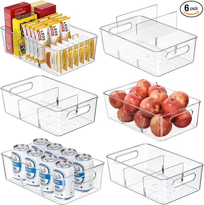 6 Pack Pantry Organizers and Storage,Clear Plastic Containers with 2 Dividers for Kitchen,Fridge Organization and Storage,Acrylic Bins for Pounches,Spice Packet,Snack organzier